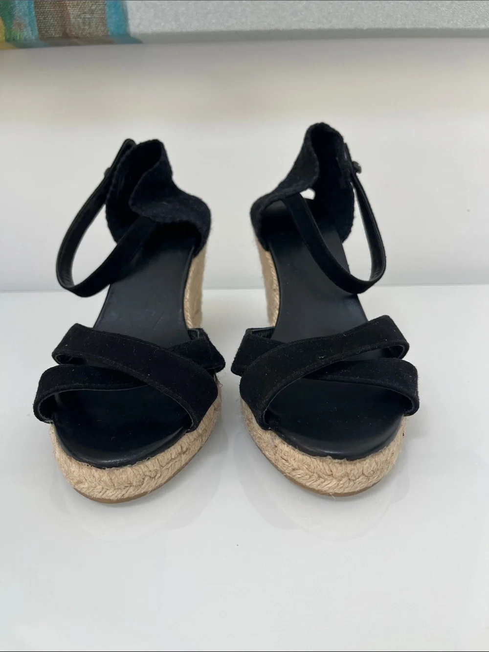 Castaner Spain Black Suede Espadrilles Wedge Button Ankle Strap Sandals 38